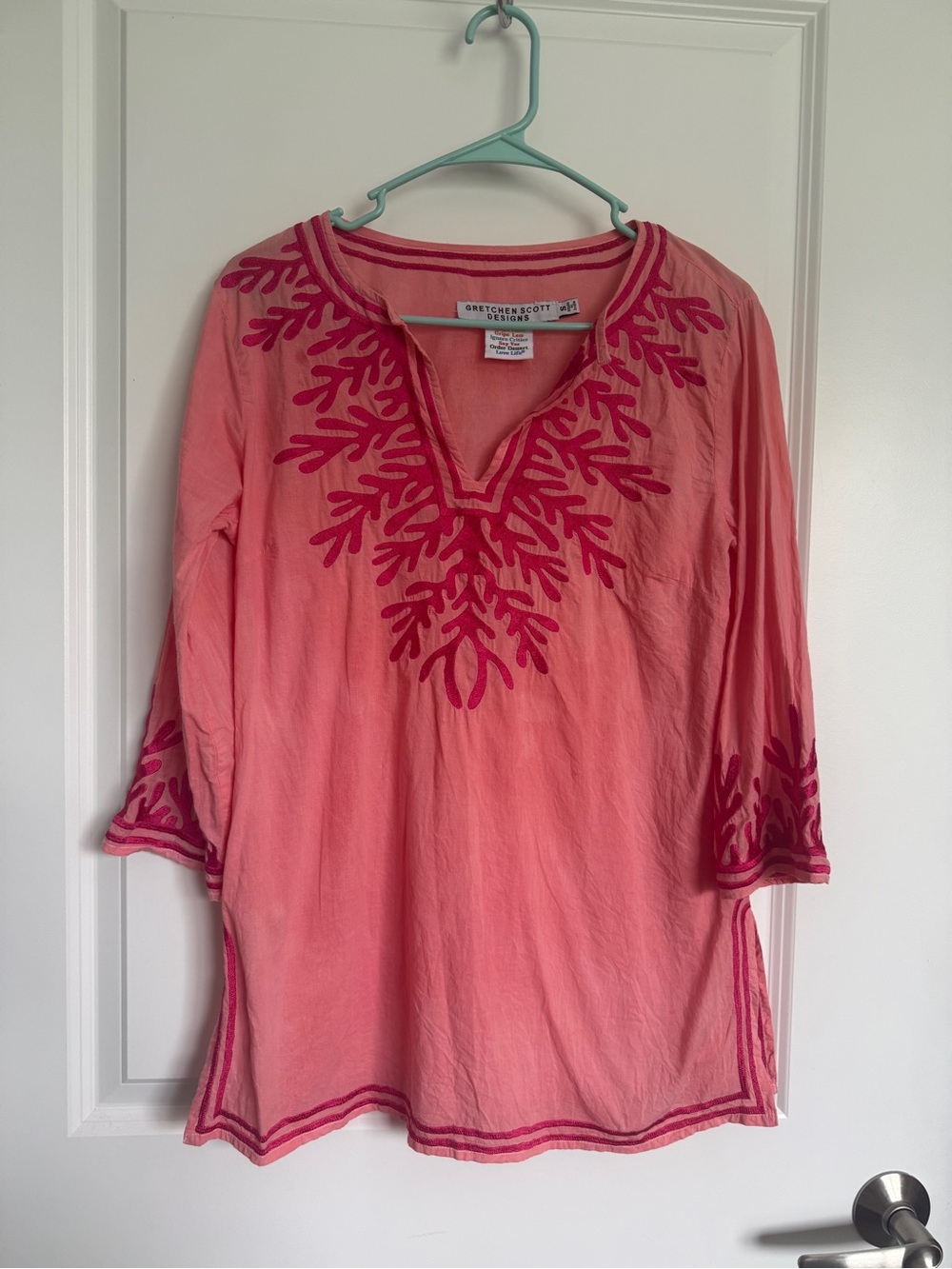 Gretchen Scott Designs Coral Pink Embroidered V-Neck Tunic